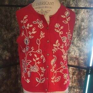 Floral Embroidered Red Cardigan